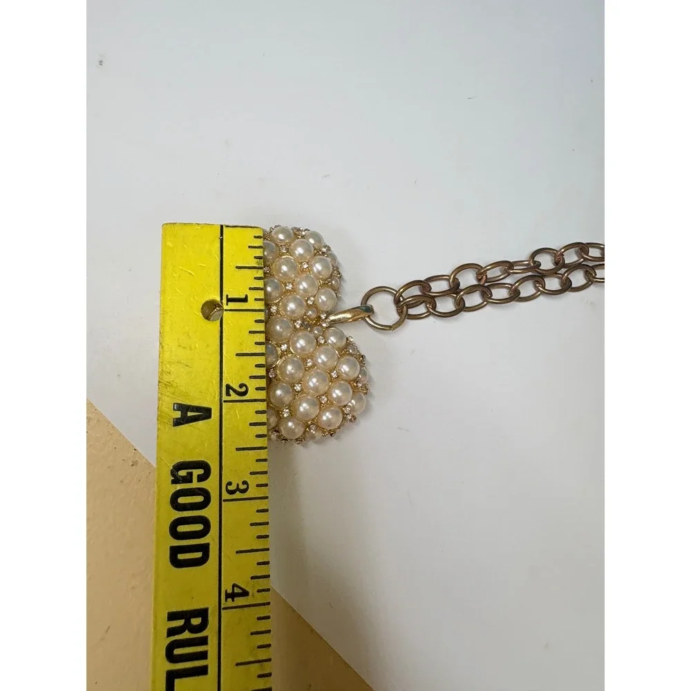 Vintage Style Faux Pearl Rhinestone Heart Pendant Antique Brass Chain Necklace